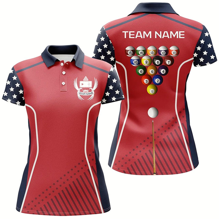 Goofygear Personalized Eagle Patriotic Red Navy Billiard Polo Shirts For Women, Custom Billiard Balls Jerseys