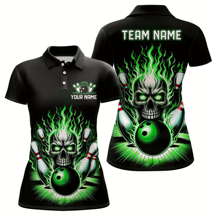 Goofygear Personalized Skull Bowling Shirt For Women Custom Team'S Name Flame Bowler Jerseys Green Style 1