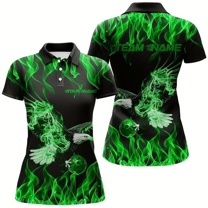 Goofygear Green Flame Eagle Custom Bowling Team Shirts For Women, Fire Bowling League Shirt