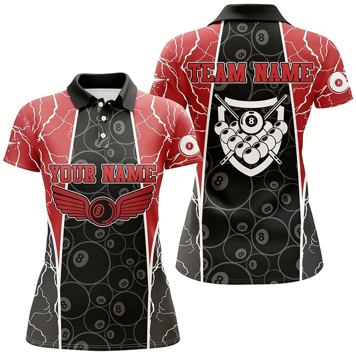Goofygear Personalized Red Lighting 8 Ball Billiard 3D Polo Shirts For Women, Custom Pool Billiards Jerseys