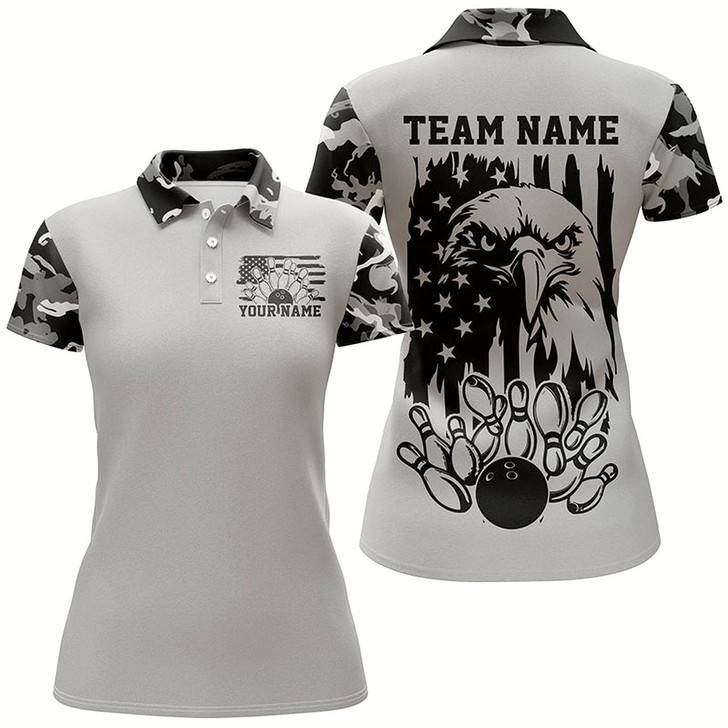 Goofygear American Flag Eagle Custom Gray Camo Patriotic Bowling Shirts For Women, Us Bowling Shirt