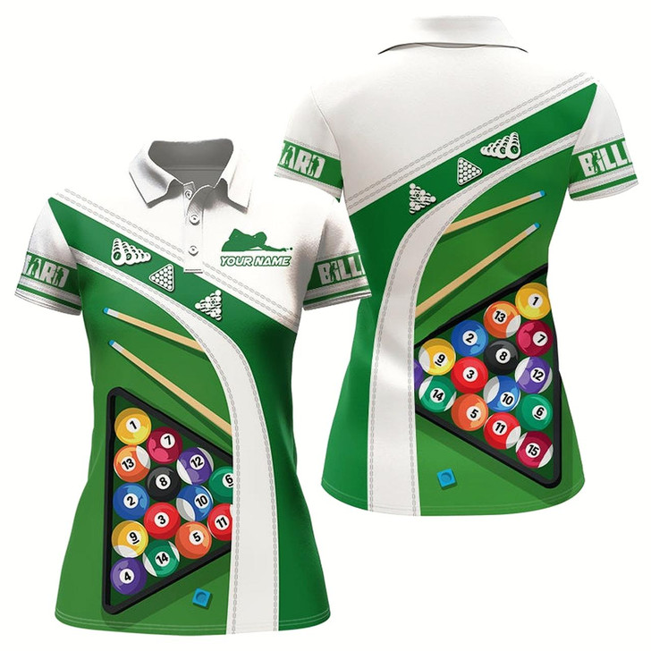 Goofygear Personalized Green White Billiard Balls 3D Polo Shirts For Women, Custom 8 Ball Billiards Jerseys Style 2