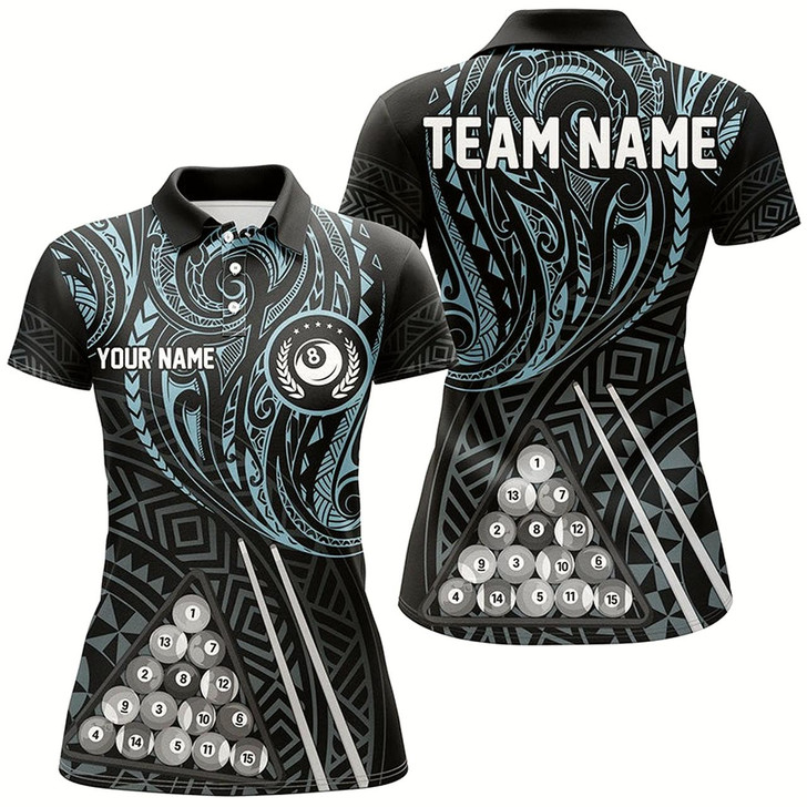 Goofygear Personalized Blue Tribal 8 Ball Billiard 3D Polo Shirts For Women, Custom Name Billiard Jerseys