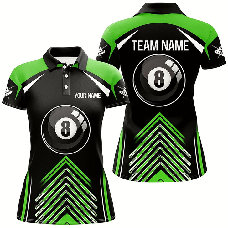 Goofygear Personalized Green Black Billiard 8 Ball Pool 3D Polo Shirts For Women, Custom Name Billiard Jerseys