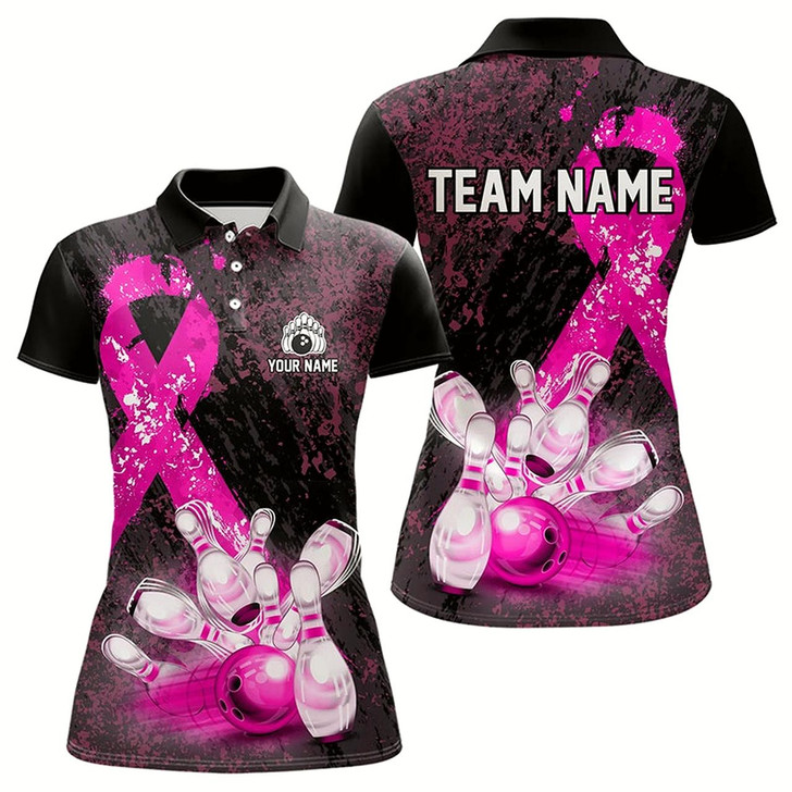 Goofygear Personalized Pink Ribbons Grunge Bowling Shirts For Women, Custom Breast Cancer Bowling Team Shirts