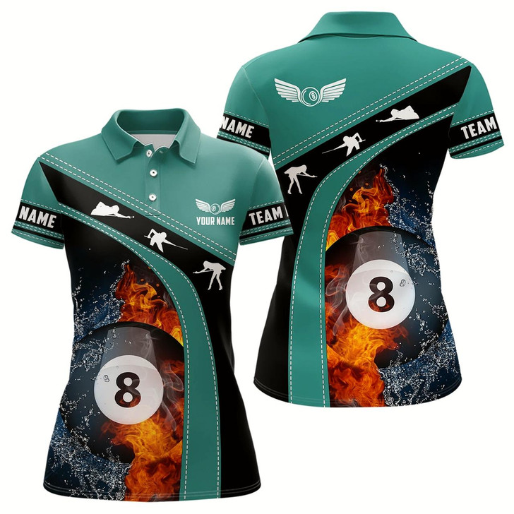 Goofygear Personalized Fire And Water 8 Ball Billiard Green Black 3D Polo Shirts For Women, Billiards Jerseys
