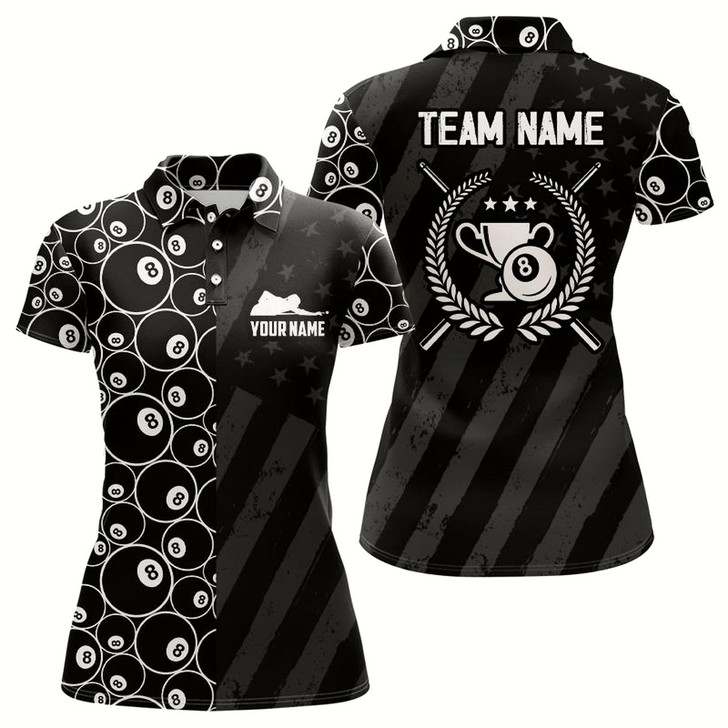 Goofygear Personalized Us Flag 8 Ball Billiard 3D Polo Shirts For Women, Billiard 8 Ball Trophy Emblem Jerseys