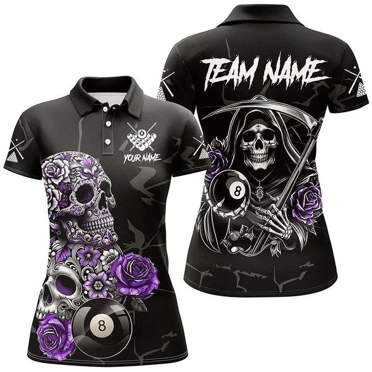 Goofygear Personalized Purple Funny Skull Roses 8 Ball Billiard Shirts For Women Custom Pool Team Shirts Design