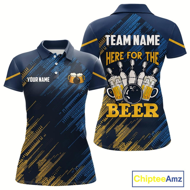 Goofygear Blue And Yellow Pattern Women Bowling Shirt Custom Here For The Beer Funny Bowling Tournament Shirt