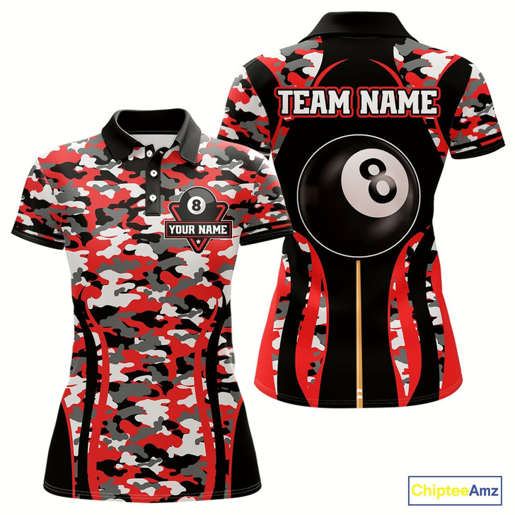 Goofygear Custom Red Camouflage 8 Ball Pool Billiard Shirt For Women, Billiard Jersey Outfit, Pool Team Shirt