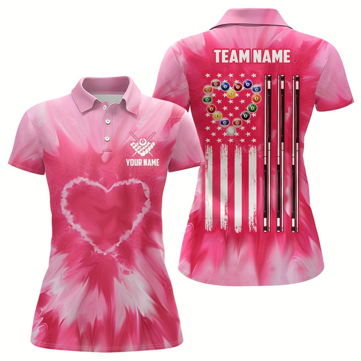 Goofygear Personalized Pink Tie Dye Heart Us Flag Women Billiard Shirts, Billiard Valentines Day Shirt Gifts