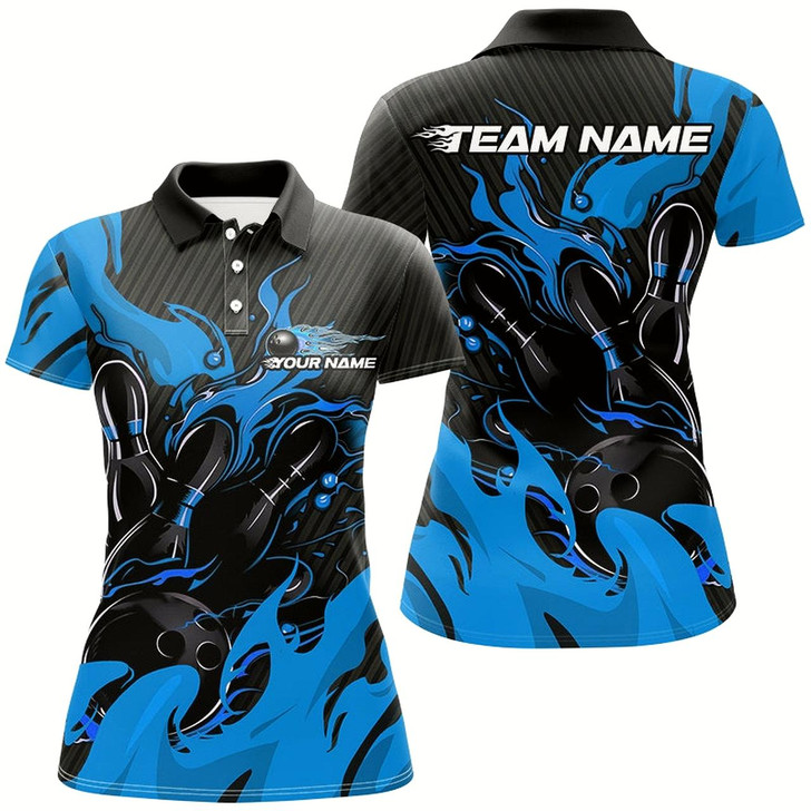 Goofygear Black And Blue Custom Flame Bowling Shirts For Women, Bowling League Shirts Team Uniform