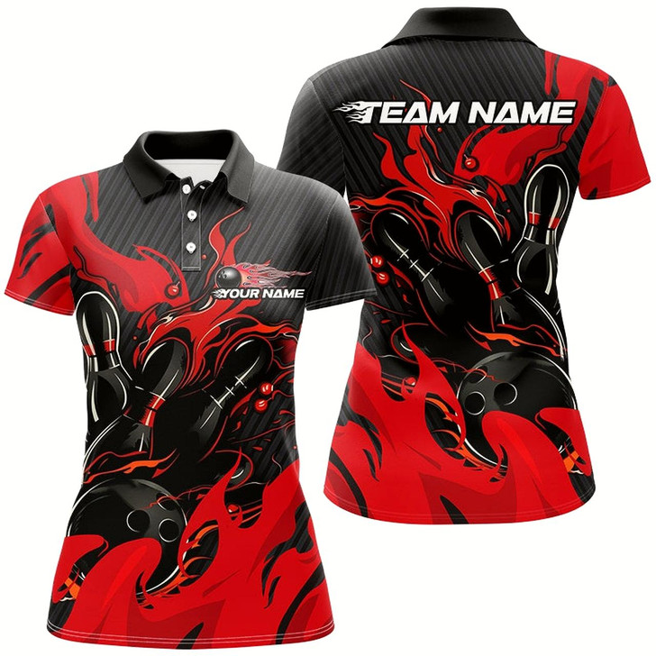 Goofygear Black And Red Custom Flame Bowling Shirts For Women, Bowling League Shirts Team Uniform