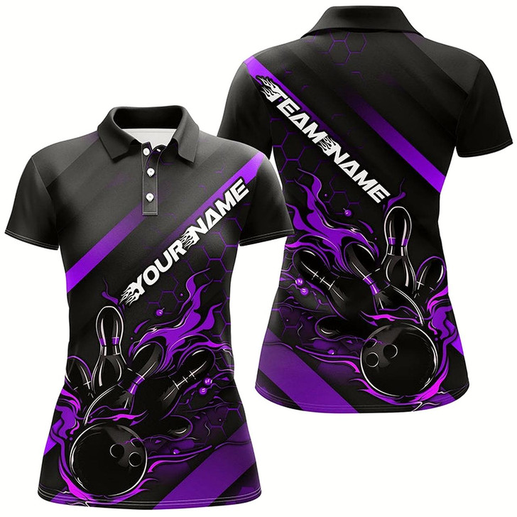 Goofygear Custom Black And Purple Flame Bowling Shirts For Women, Bowling Team Bowling League Shirts