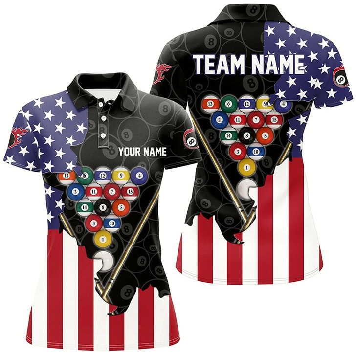 Goofygear Personalized Us Flag 8 Ball Pattern Billiard Black 3D Polo Shirts For Women, Billiard Balls Jerseys