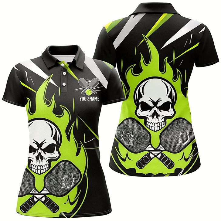 Goofygear Custom Green Flame Pickleball Shirts For Women, Skull Pickleball Jerseys For Team