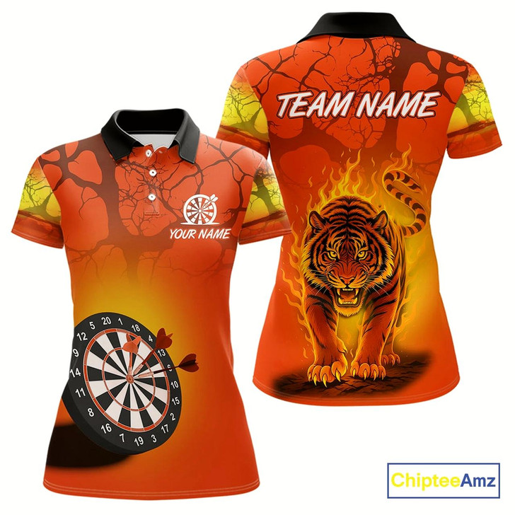 Goofygear Flaming Tiger Orange Pattern Dartboard Darts Shirt For Women - Custom Name