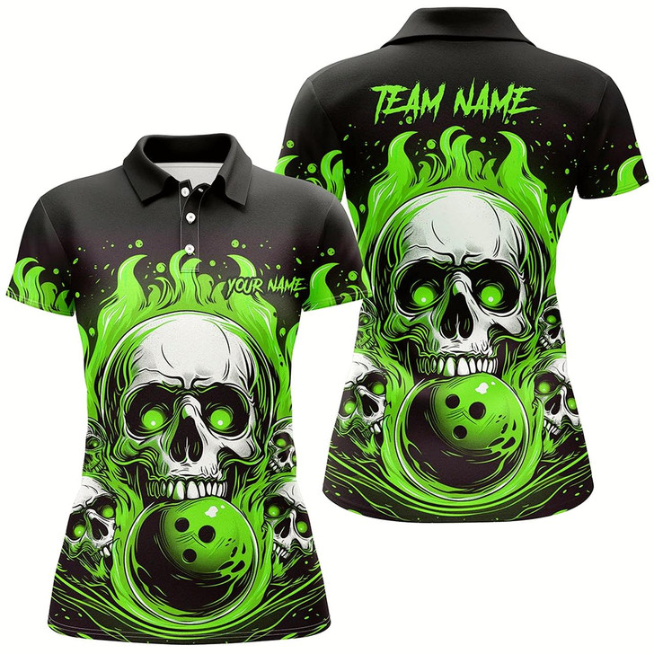 Goofygear Custom Green Skull Bowling Team Shirts, Flame Bowling Jerseys Bowlers Shirts For Women