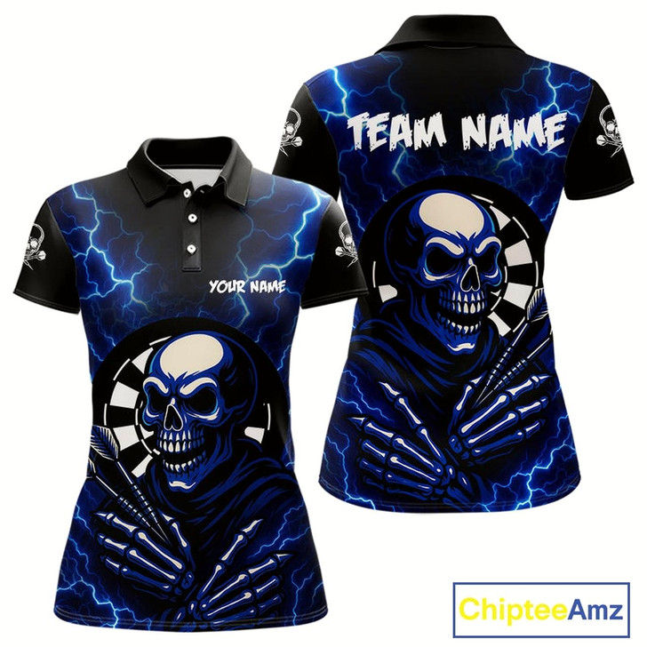 Goofygear Thunder Lightning Skeleton Dartboard Blue Darts Shirt For Women - Custom Name & Team