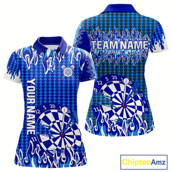 Goofygear Blue Flames Dart Shirt For Women Dartboard Design - Custom Team & Player Name
