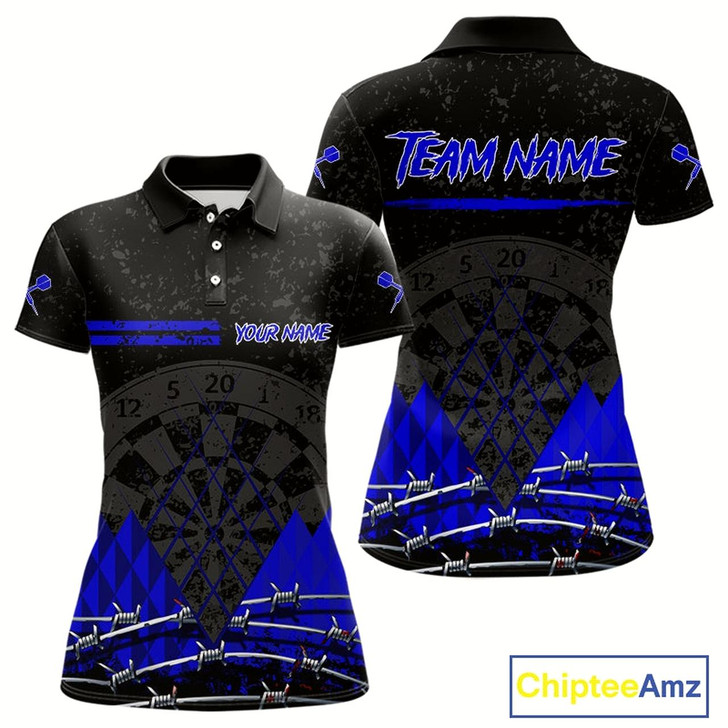 Goofygear Barbed Wire & Grunge Dartboard Blue Darts Shirt For Women - Custom Name For Players