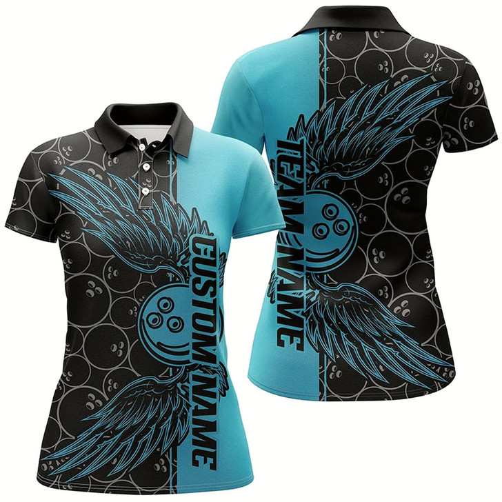 Goofygear Black And Teal Blue Custom Bowling Ball And Wings Bowling Shirts For Women, Bowling Team Uniform