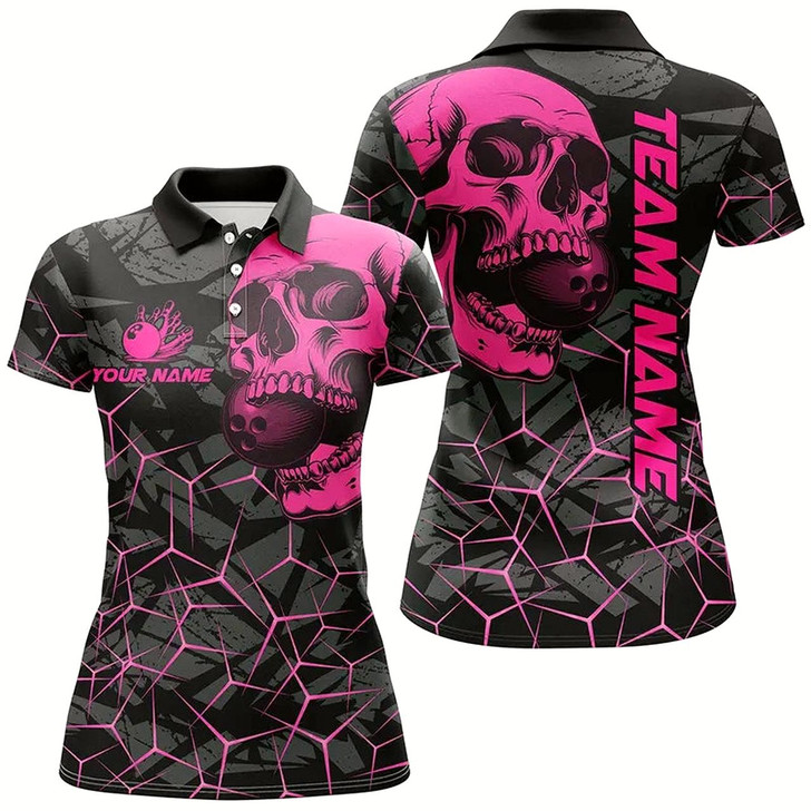 Goofygear Black Skull Camo Bowling Shirt For Women Custom Bowling Team Jerseys, Gifts For Bowlers Pink