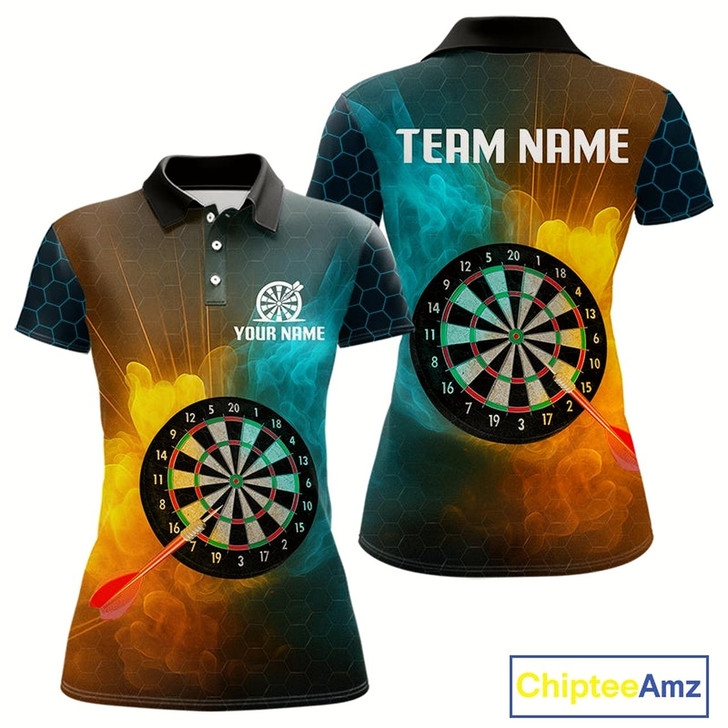 Goofygear Turquoise & Yellow Smoke Dartboard Darts Shirt For Women - Custom Name & Team Jersey