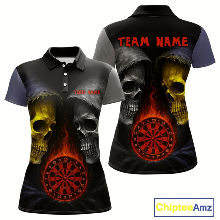 Goofygear Flaming Dartboard Dual Skulls Funny Darts Shirt For Women - Customizable Name & Team