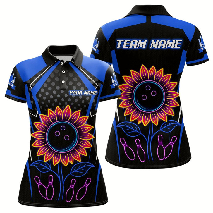 Goofygear Blue Neon Lightning Sunflower Bowling Shirt For Women Custom Team Bowling Polo Bowling Jersey
