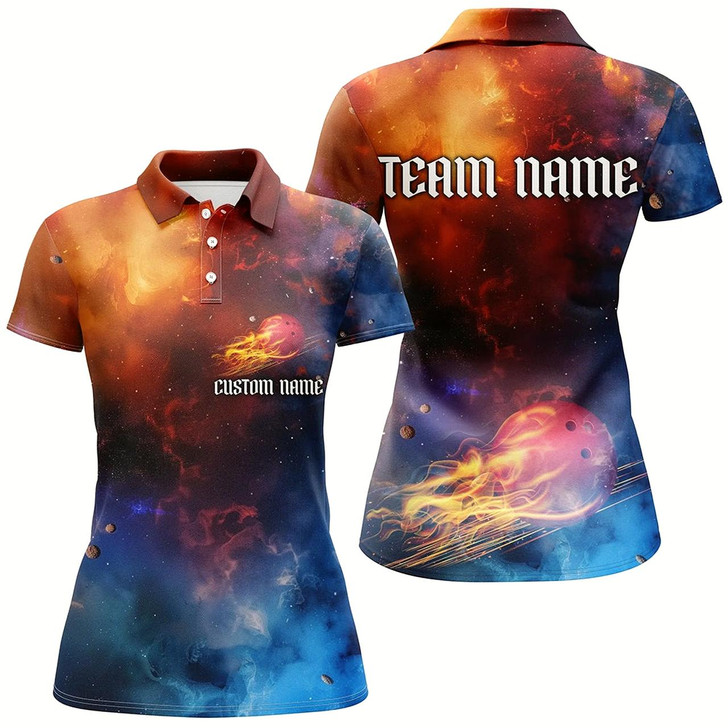 Goofygear Galaxy Bowling Shirts For Women, Custom Name Flame Bowling Ball Team Jerseys Style 1