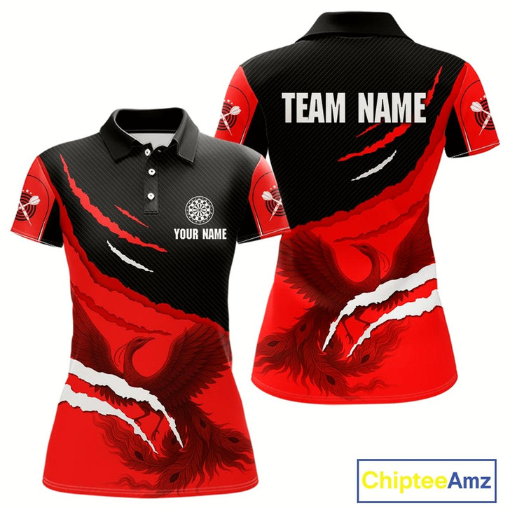 Goofygear Custom Dart Team Shirt For Women With Crimson Phoenix On Black Linear Pattern