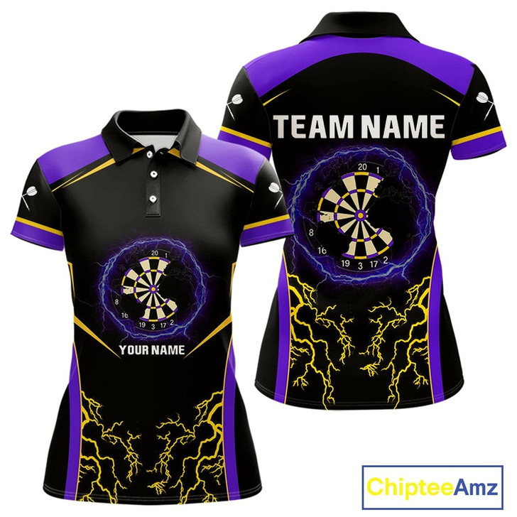 Goofygear Yellow And Purple Lightning Scratched Dartboard Darts Shirt For Women - Custom Name
