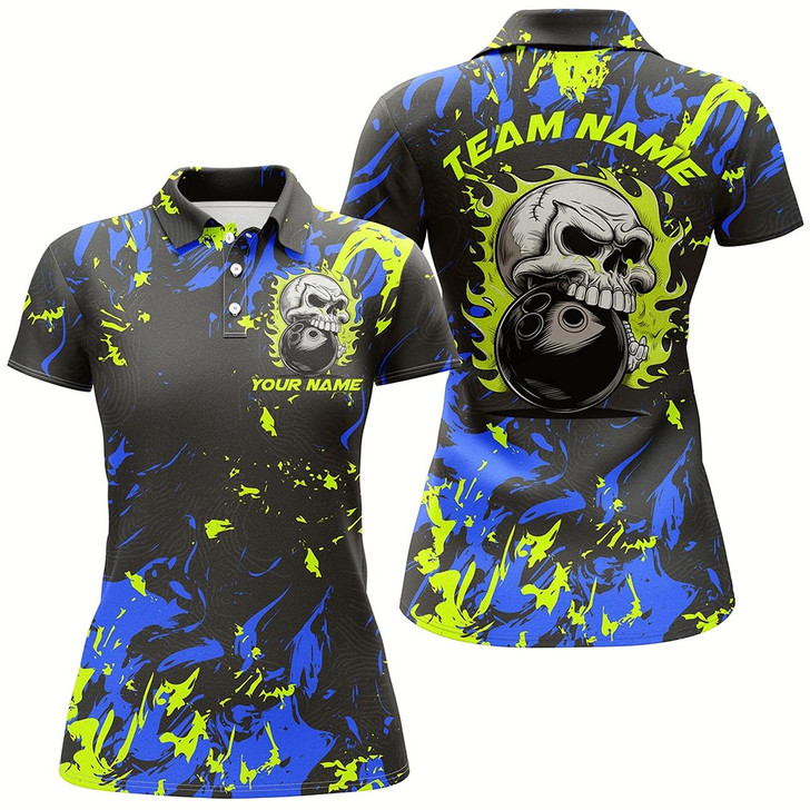 Goofygear Custom Blue And Green Bowling Jerseys For Women, Flame Skull Bowling Team Shirts