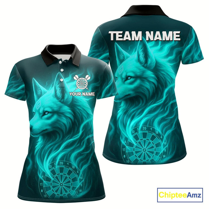 Goofygear Turquoise Flaming Wolf Dartboard Darts Shirt For Women - Custom Team Jersey For Players