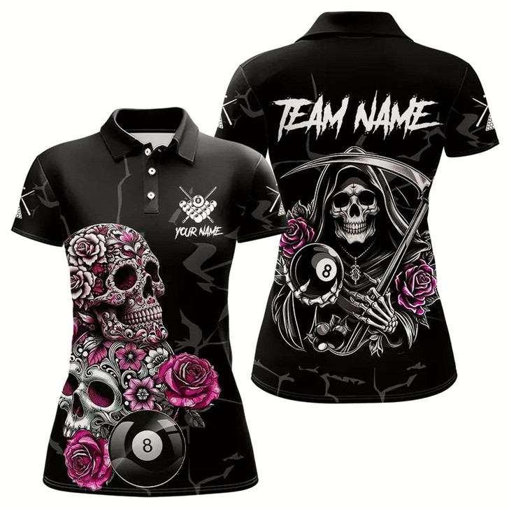Goofygear Personalized Pink Funny Skull Roses 8 Ball Billiard Shirts For Women Custom Pool Team Shirts