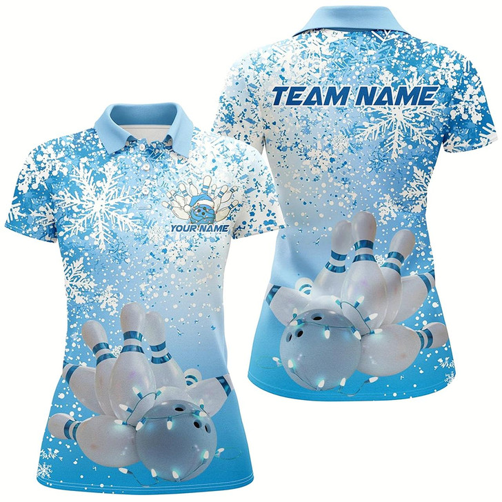 Goofygear Blue Snowflake Custom Christmas Bowling Shirts For Women, Xmas Bowling Team Uniform