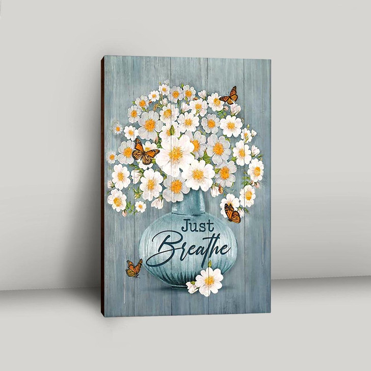 Just Breathe Apricot Blossom Monarch Butterfly Flower Canvas Wall Art Christian Canvas Prints Bible Verse Canvas Art