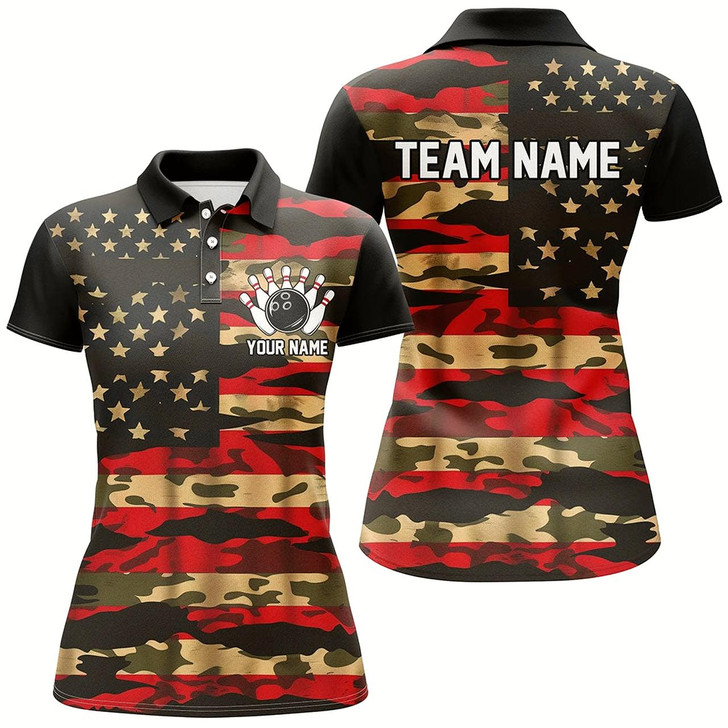 Goofygear Custom American Flag Patriotic Bowling Shirts For Women, Camo Bowling Team Jerseys Style 2