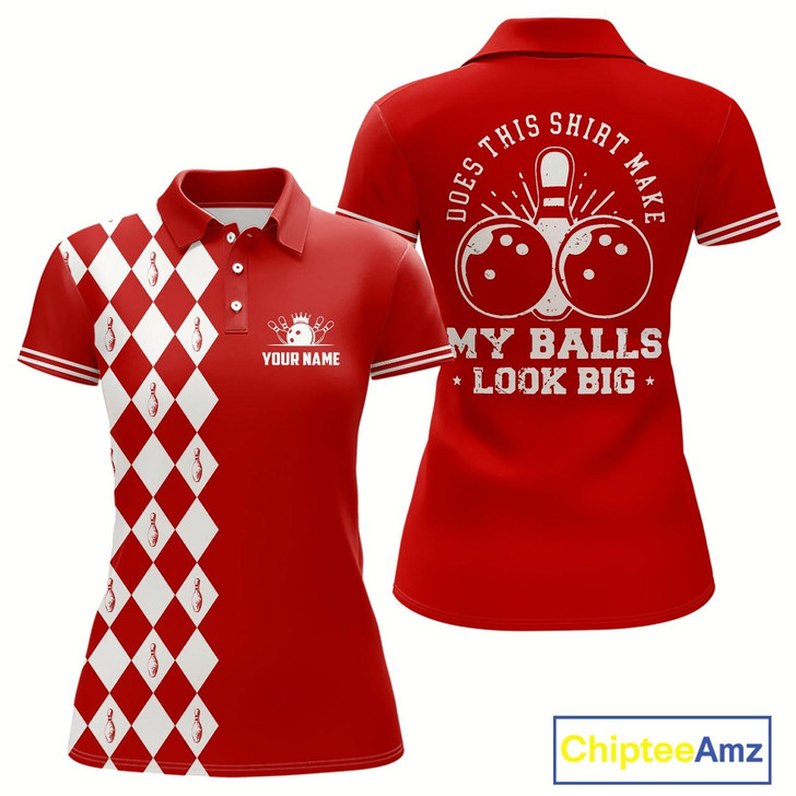Goofygear Funny Red And White Argyle Retro Women Bowling Shirts Custom Does This Shirt Make My Balls Look Big