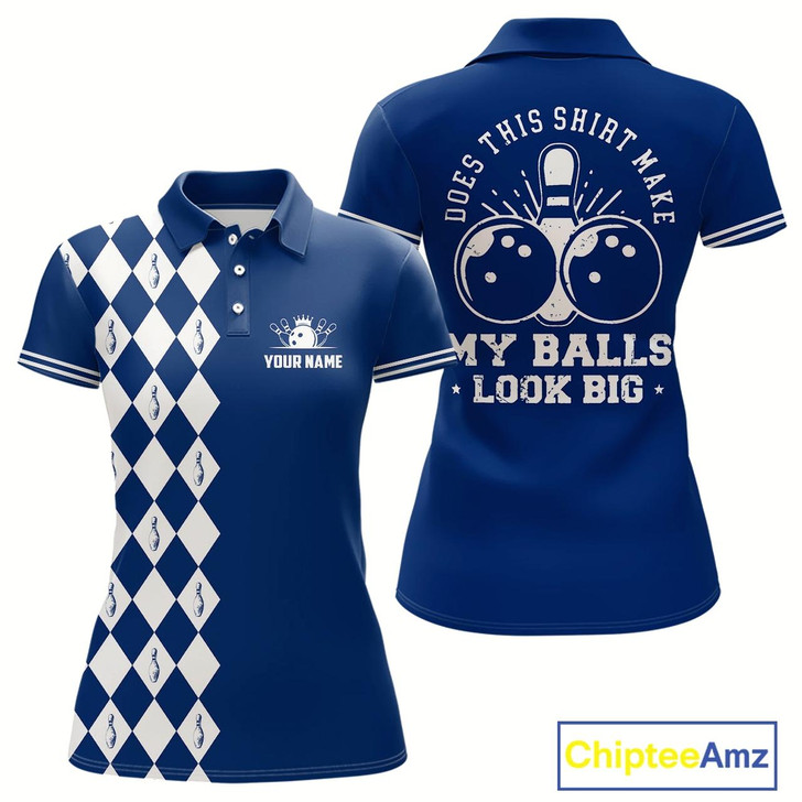 Goofygear Funny Blue And White Argyle Retro Women Bowling Shirts Custom Does This Shirt Make My Balls Look Big