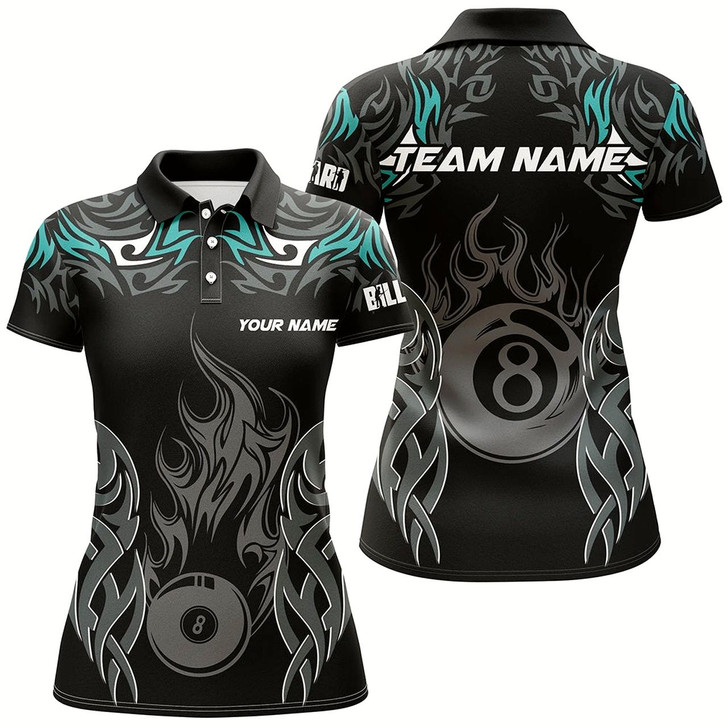 Goofygear Personalized Billiard Tournament Jersey For Women, 8 Ball Fire Flame Billiard Team Shirts Turquoise