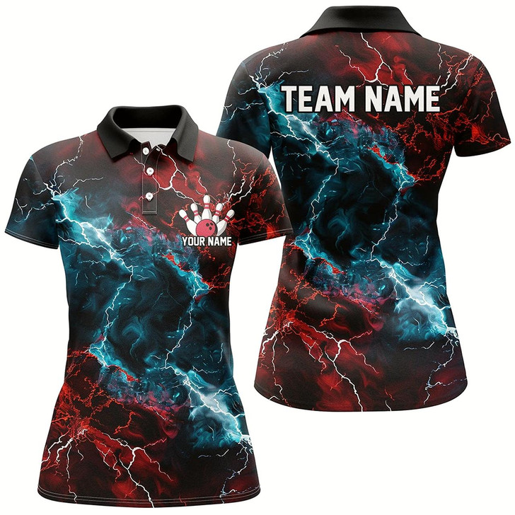 Goofygear Blue And Red Thunder Lightning Custom Bowling Uniforms, Patriotic Bowling Shirts For Women Style 1