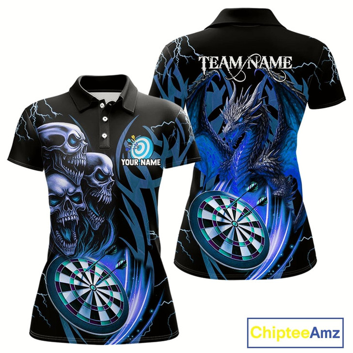 Goofygear Personalized Skull & Dragon Darts Shirt For Women Custom Lightning Dartboard Team Jersey Blue