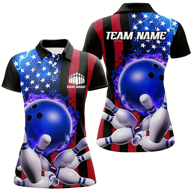 Goofygear American Flag Thunder Lightning Flame Bowling Ball Custom Women Bowling Team Shirts