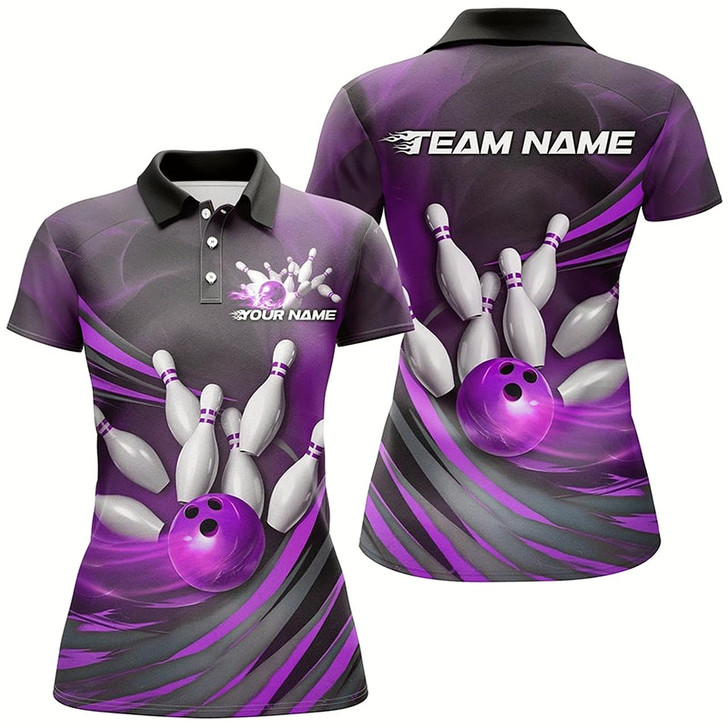 Goofygear Purple Flame Custom Bowling Shirts For Women, Fire Bowling Team Uniform Tournament