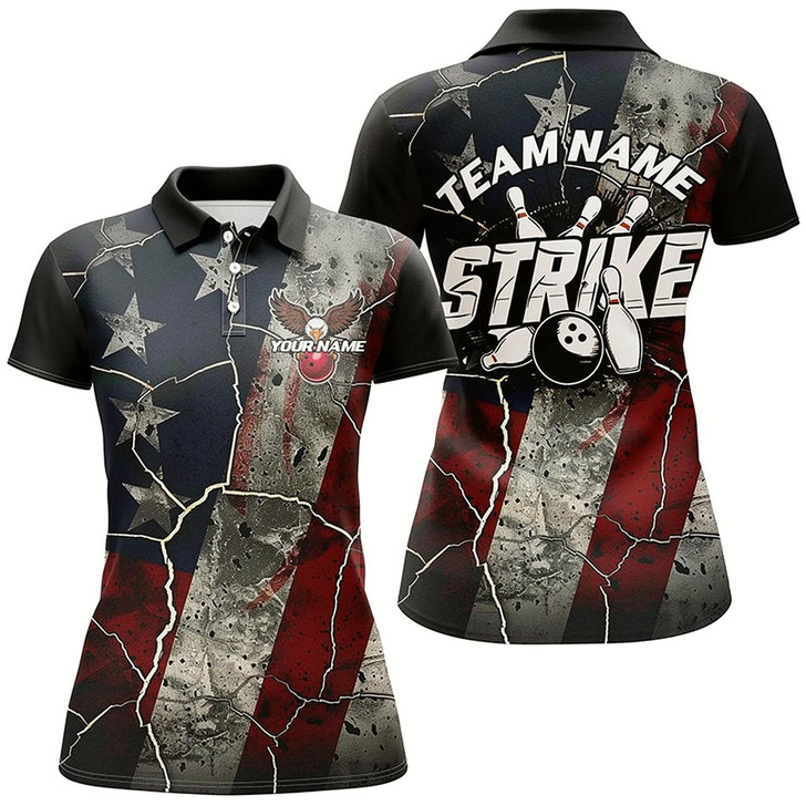 Goofygear Grunge American Flag Patriotic Strike Custom Bowling Team Shirts For Women, Eagle Bowling