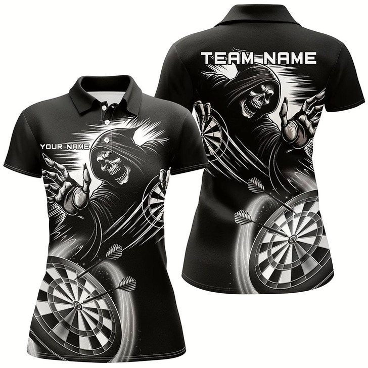 Goofygear Personalized Black White Death Skeleton Dart Shirts For Women Custom Scary Dart Jerseys Team Uniform