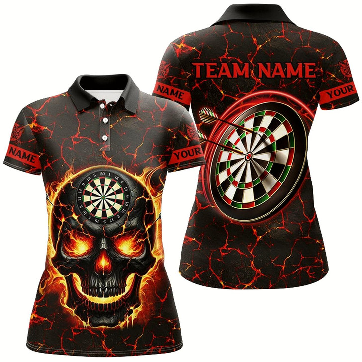 Goofygear Personalized Fire Flame Skull Magma Pattern Women Darts Shirts, Dart League Shirts Team Jerseys Red
