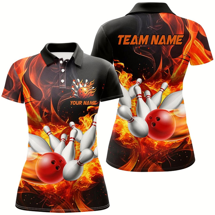 Goofygear Black And Orange Flame Custom Bowling Shirts For Women, Flame Bowling League Shirts Outfits